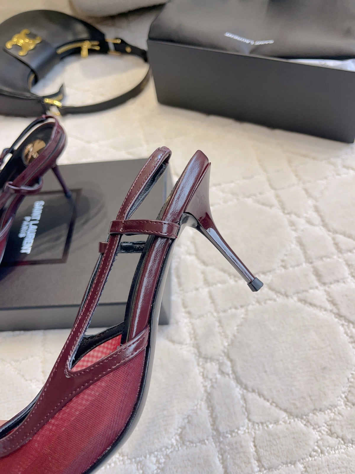 YSL Pointed-Toe Mesh Pumps 75mm Burgundy Cowhide & Mesh 851892