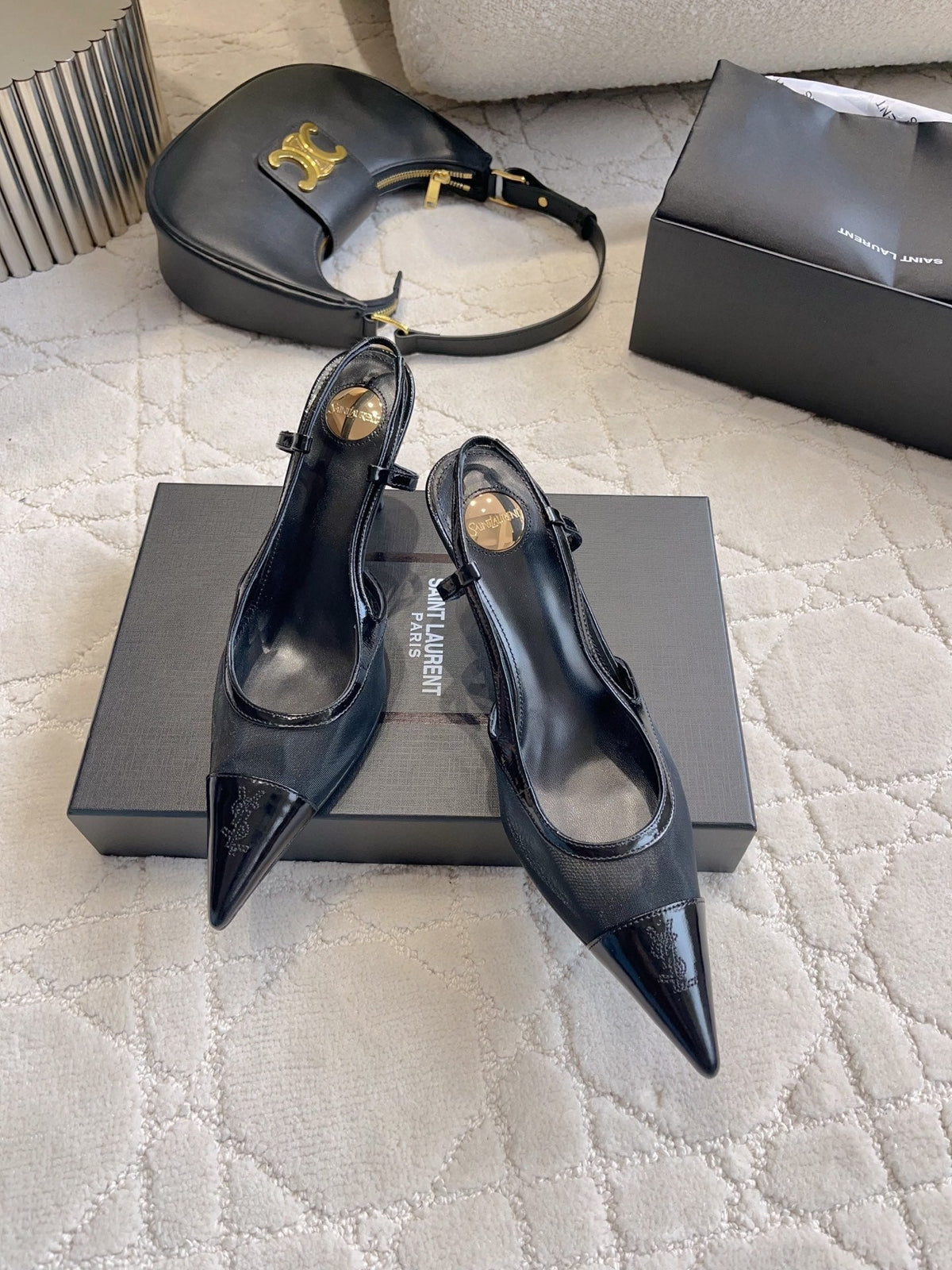 YSL Pointed-Toe Mesh Pumps 75mm Black Cowhide & Mesh 851890