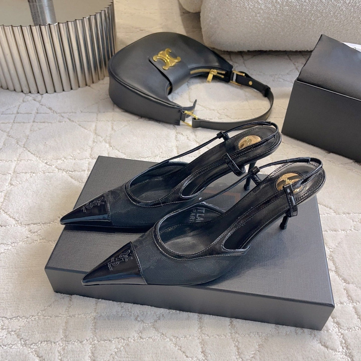 YSL Pointed-Toe Mesh Pumps 75mm Black Cowhide & Mesh 851890