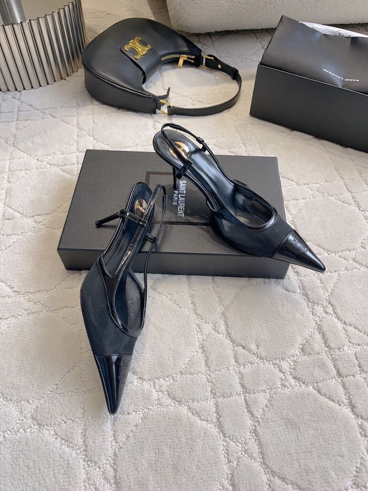 YSL Pointed-Toe Mesh Pumps 75mm Black Cowhide & Mesh 851890