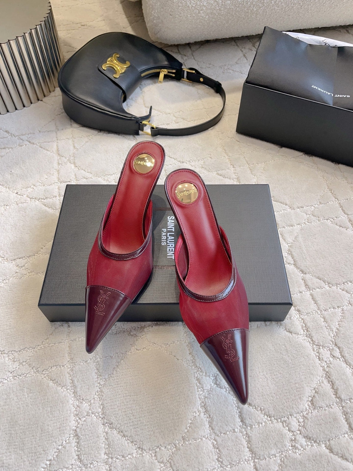 YSL Pointed-Toe Mesh Mule 75mm Burgundy Cowhide & Mesh 851893