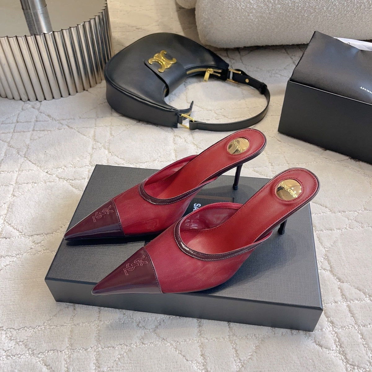 YSL Pointed-Toe Mesh Mule 75mm Burgundy Cowhide & Mesh 851893
