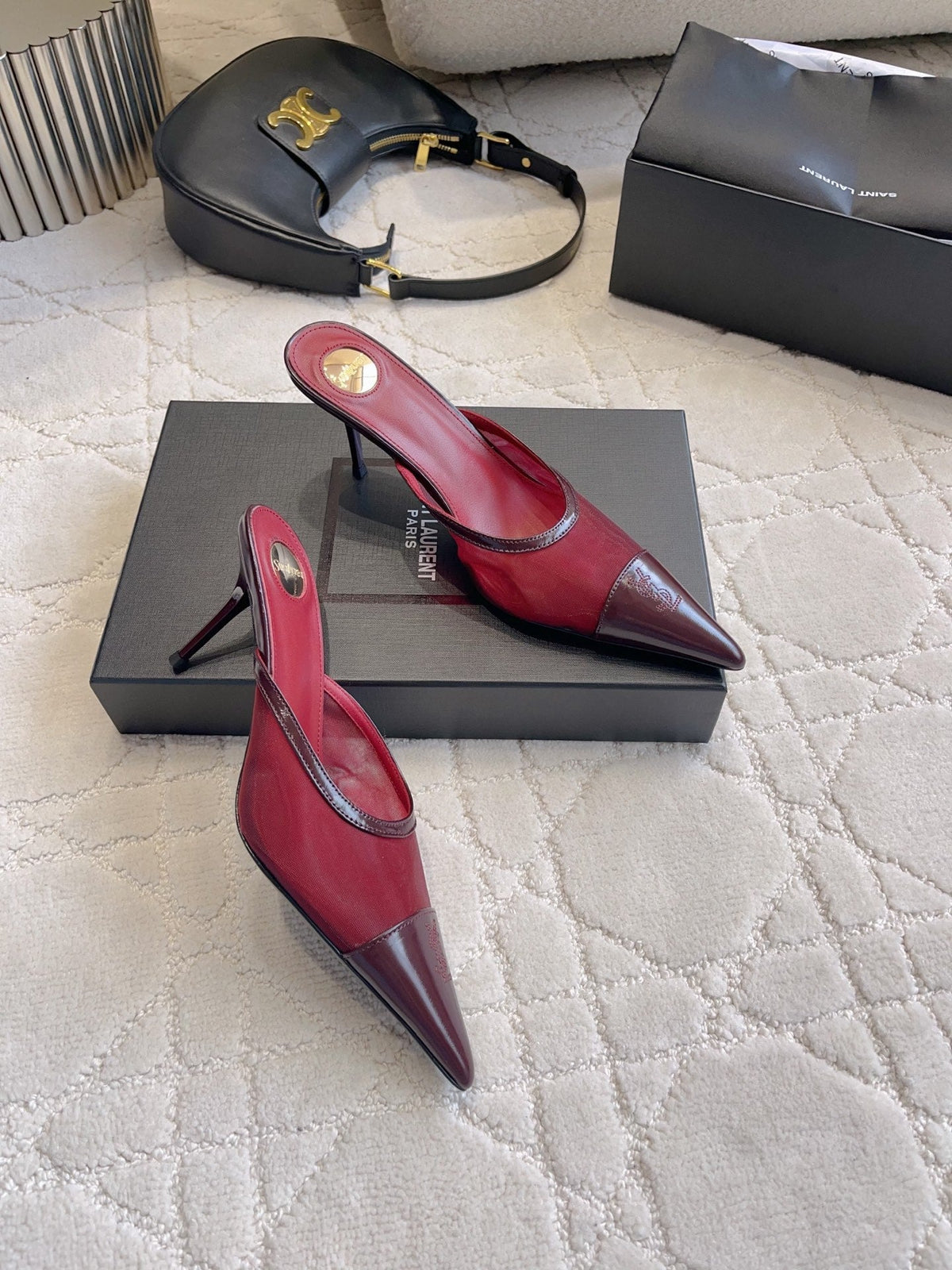 YSL Pointed-Toe Mesh Mule 75mm Burgundy Cowhide & Mesh 851893