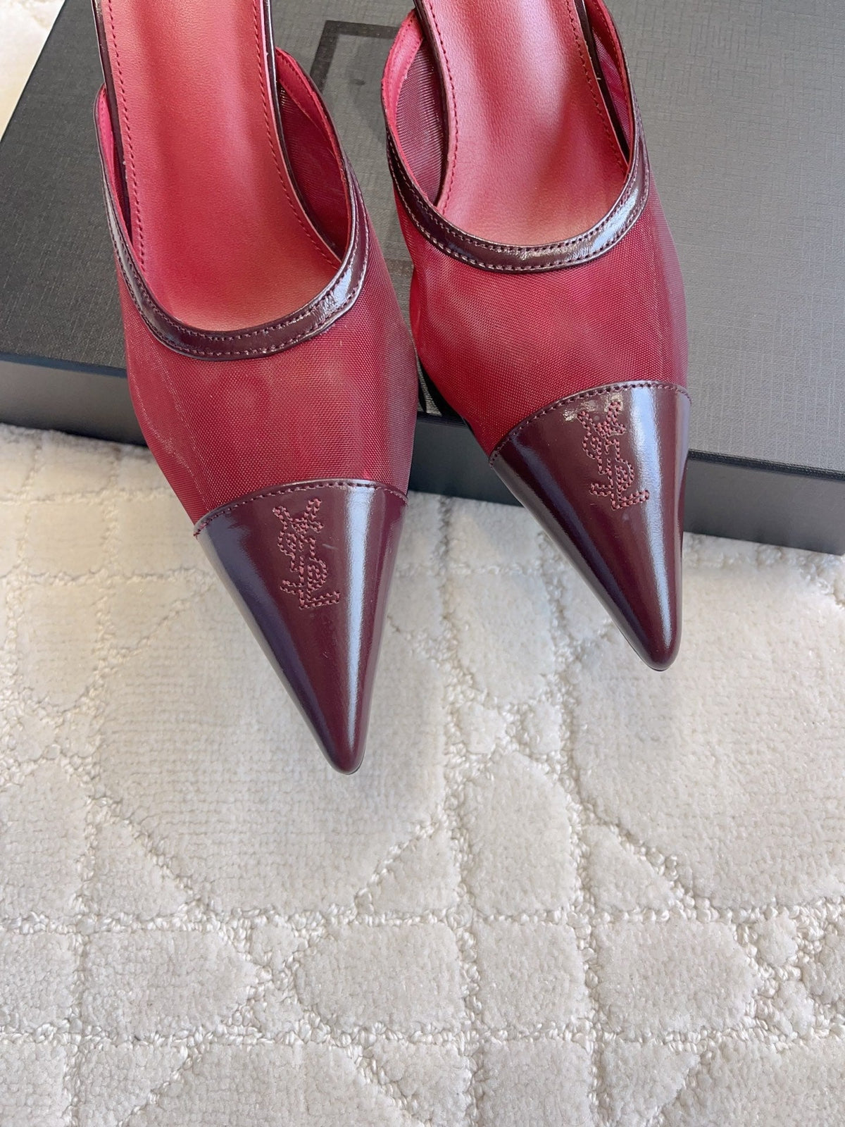 YSL Pointed-Toe Mesh Mule 75mm Burgundy Cowhide & Mesh 851893