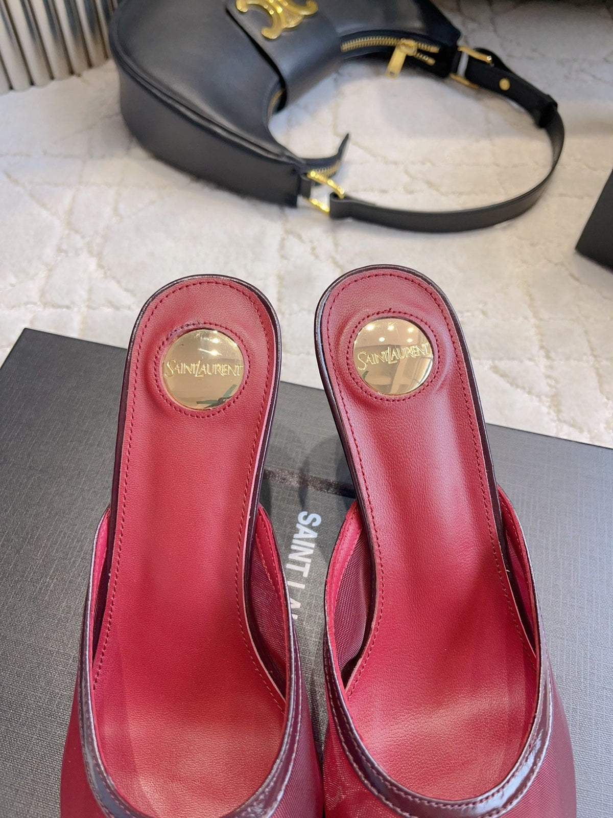 YSL Pointed-Toe Mesh Mule 75mm Burgundy Cowhide & Mesh 851893