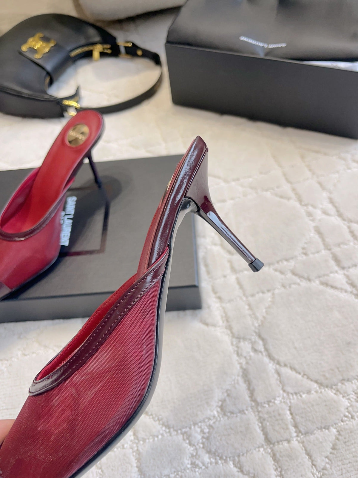 YSL Pointed-Toe Mesh Mule 75mm Burgundy Cowhide & Mesh 851893