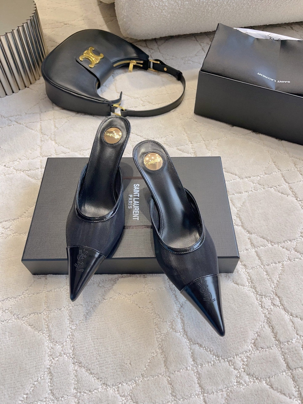 YSL Pointed-Toe Mesh Mule 75mm Black Cowhide & Mesh 851891