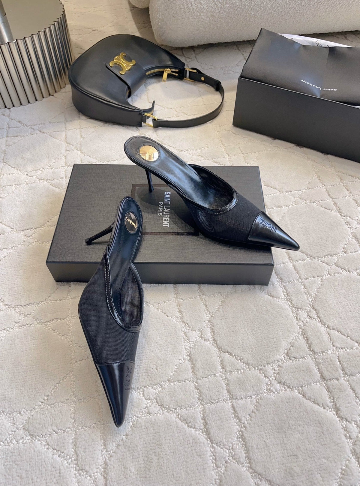 YSL Pointed-Toe Mesh Mule 75mm Black Cowhide & Mesh 851891