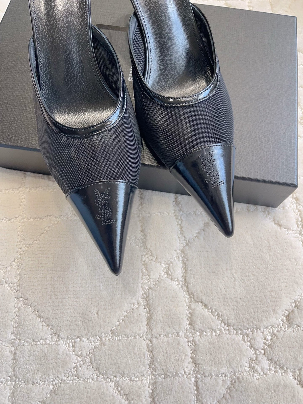 YSL Pointed-Toe Mesh Mule 75mm Black Cowhide & Mesh 851891