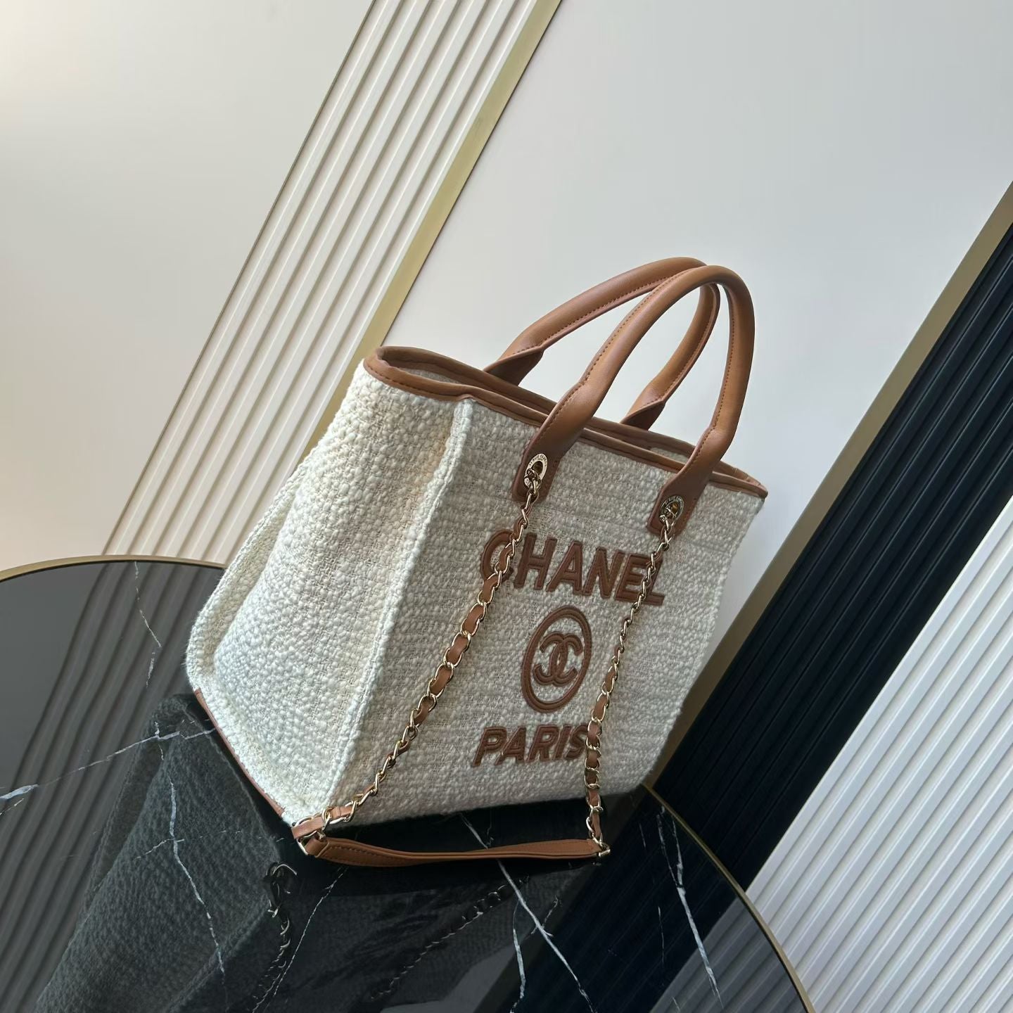 CC Deauville Tote Bag White Brown Canvas & Calfskin