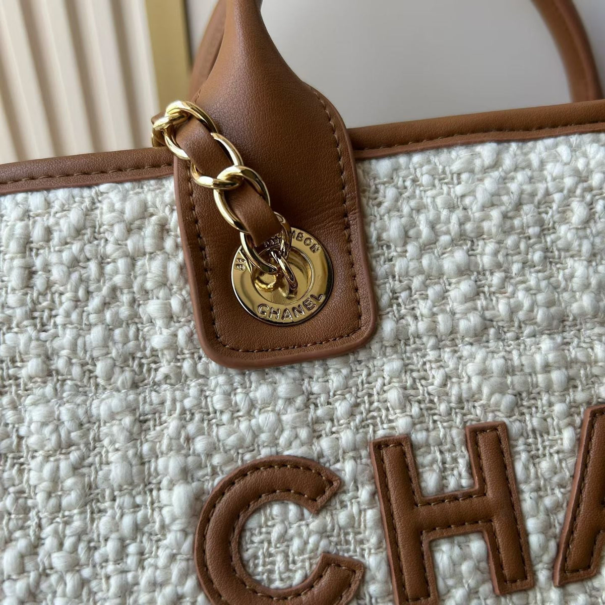 CC Deauville Tote Bag White Brown Canvas & Calfskin