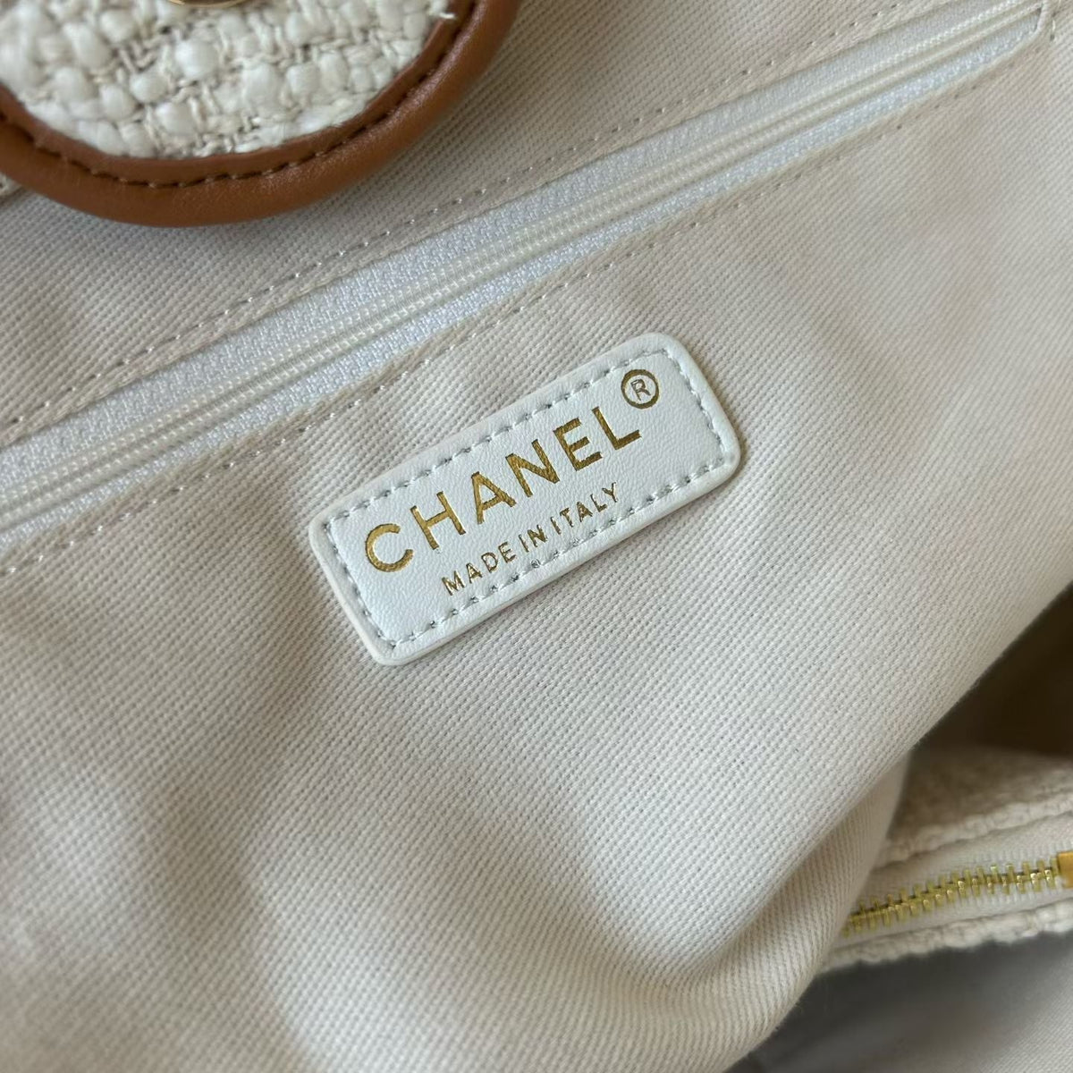 CC Deauville Tote Bag White Brown Canvas & Calfskin