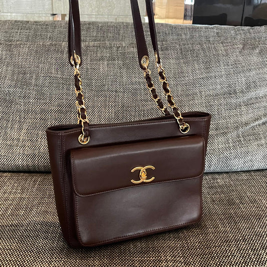 CC Vintage Turn-Lock Tote Bag 26cm Burgundy Leather