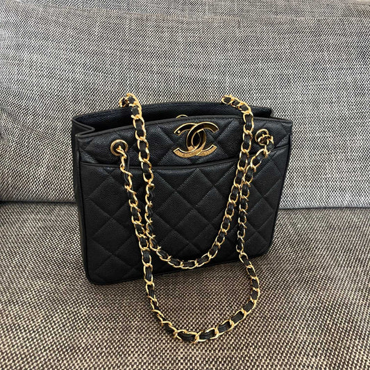 CC Vintage CC Lock Tote Bag 28cm Black Cowhide