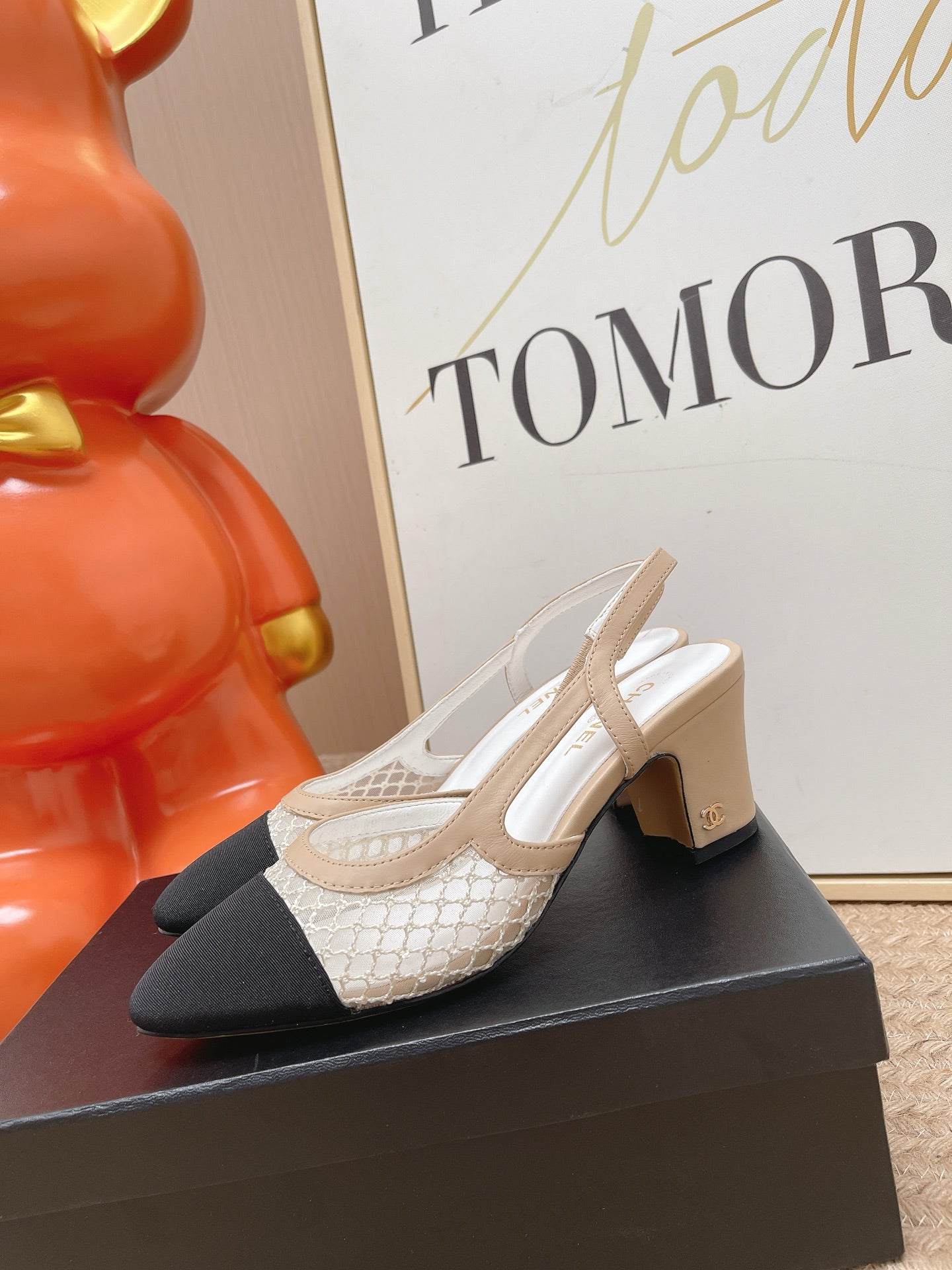 CC Slingback Pumps Black Beige Mesh Fabric 854591