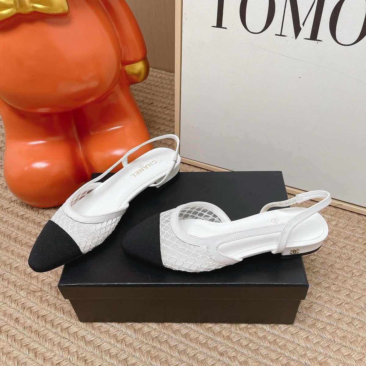 CC Slingback Flats Black White Mesh Fabric 854586