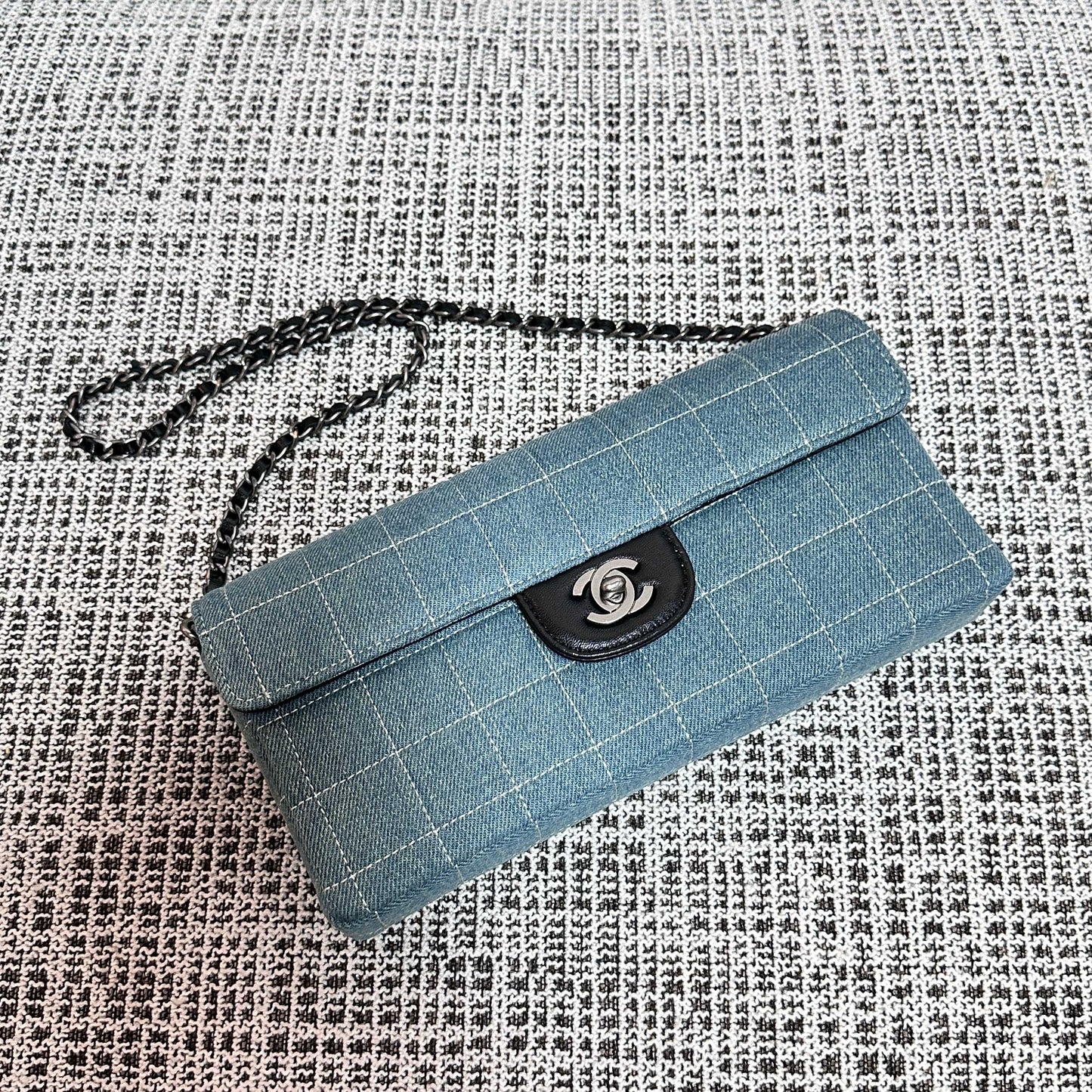 CC East-West Flap Bag 26cm Blue Plaid Denim