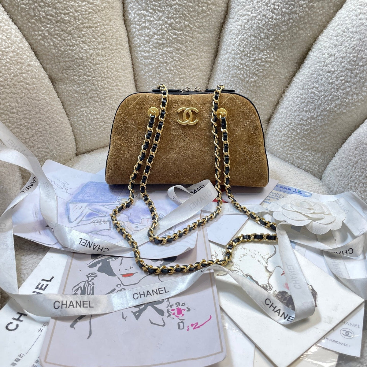 CC 26P Bowling Bag Chain Strap 19.5cn Camel Suede GHW