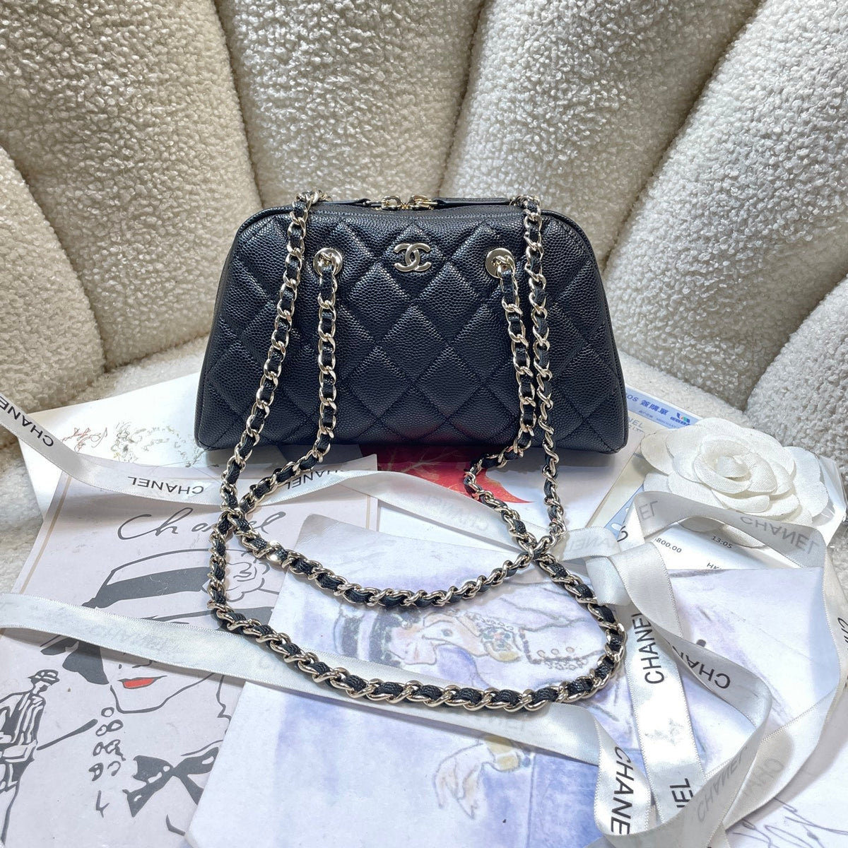 CC 26P Bowling Bag Chain Strap 19.5cn Black Caviar Cowhide GHW