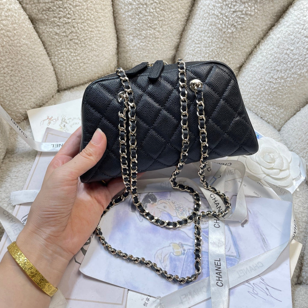 CC 26P Bowling Bag Chain Strap 19.5cn Black Caviar Cowhide GHW