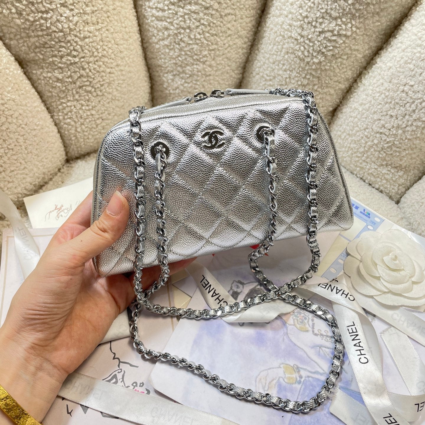 CC 26P Bowling Bag Chain Strap 19.5cn Silver Metallic Caviar Cowhide