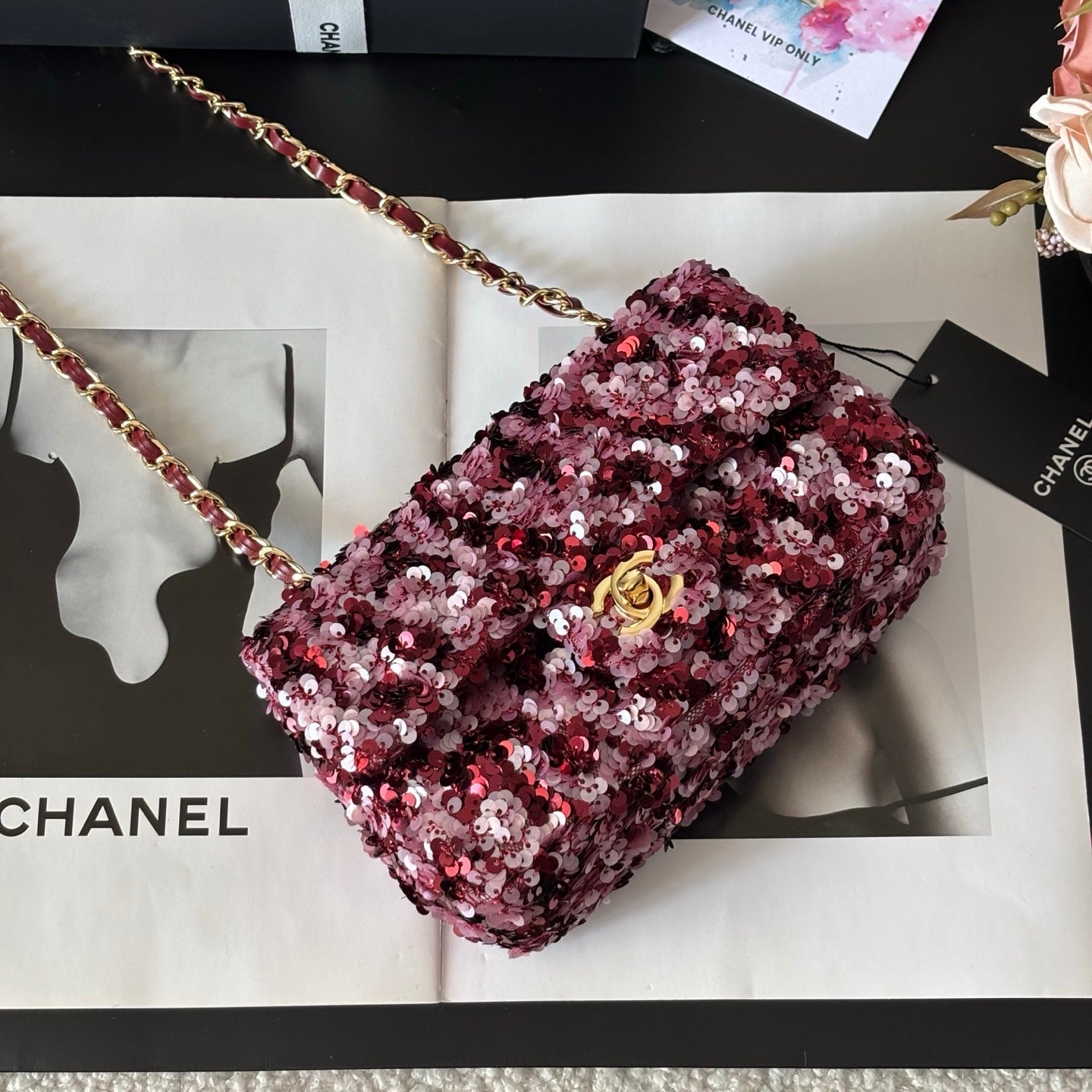 CC Flap Bag Floral 20cm Pink Sequin Leather GHW 158374