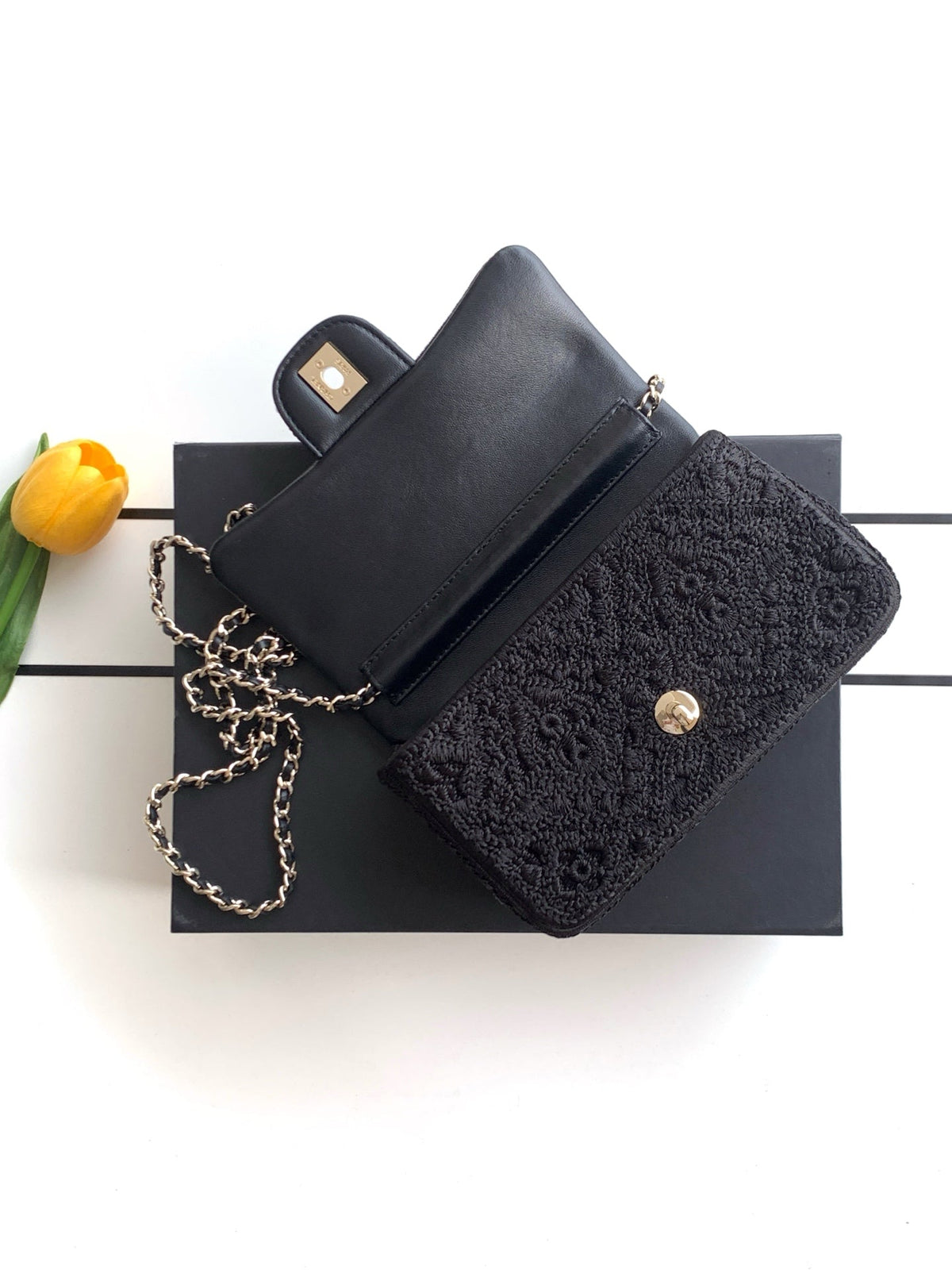 CC 26P Crochet Flap Bag Chain Strap 21cm Black Tweed 292260