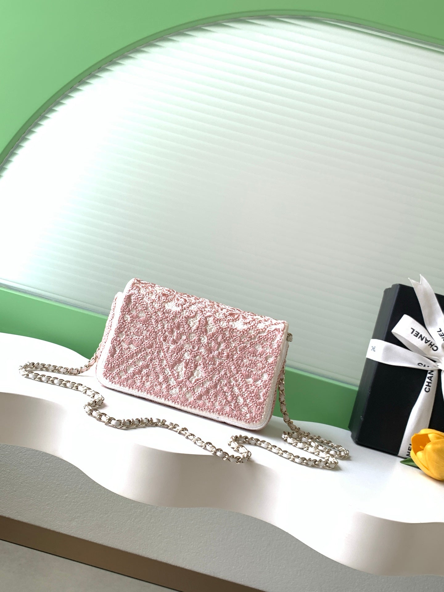 CC 26P Crochet Flap Bag Chain Strap 21cm Pink Tweed 292262