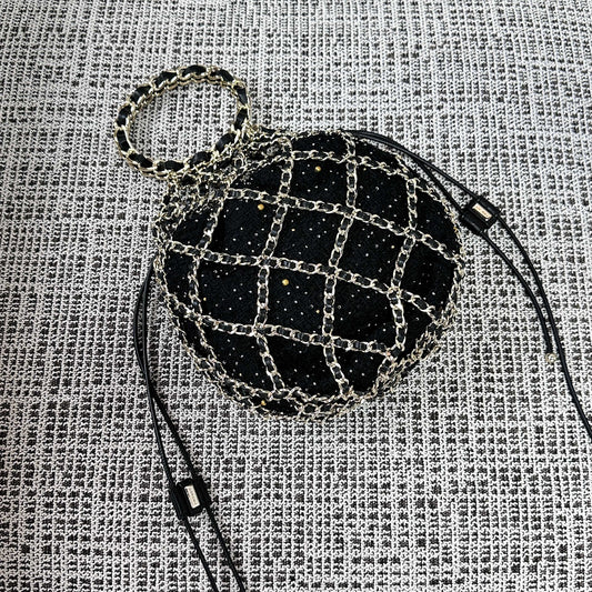 CC 21PF Chain Link Net Bag Drawstring Black Tweed Lambskin & Chain