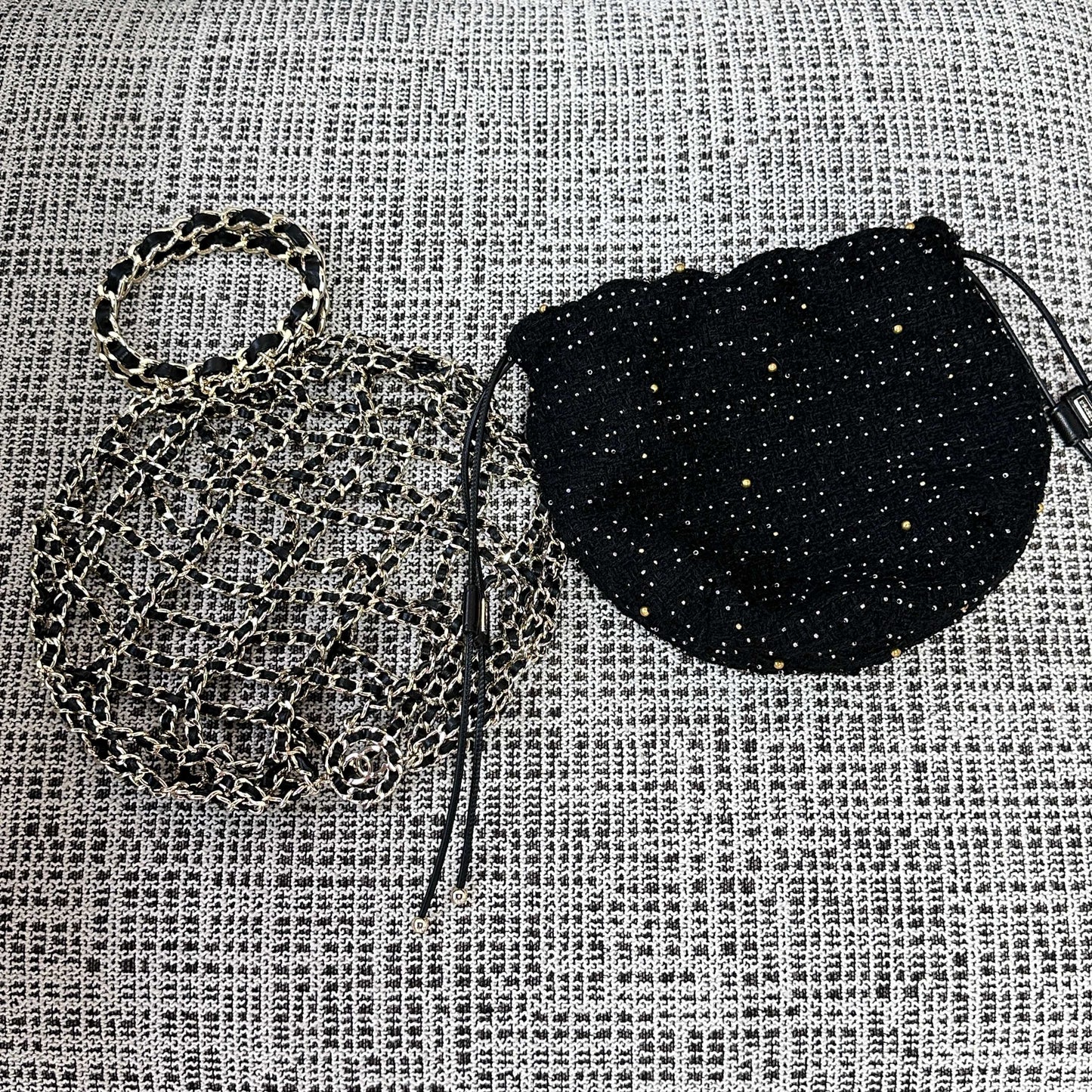 CC 21PF Chain Link Net Bag Drawstring Black Tweed Lambskin & Chain