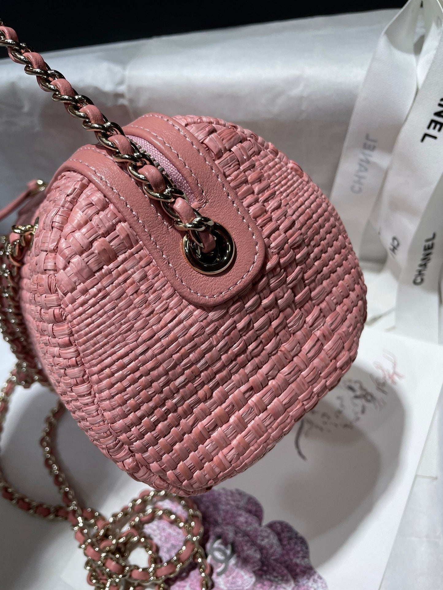 CC Bowling Bag Chain Strap 18.5cm Pink Braided Raffia & Lambskin 292139