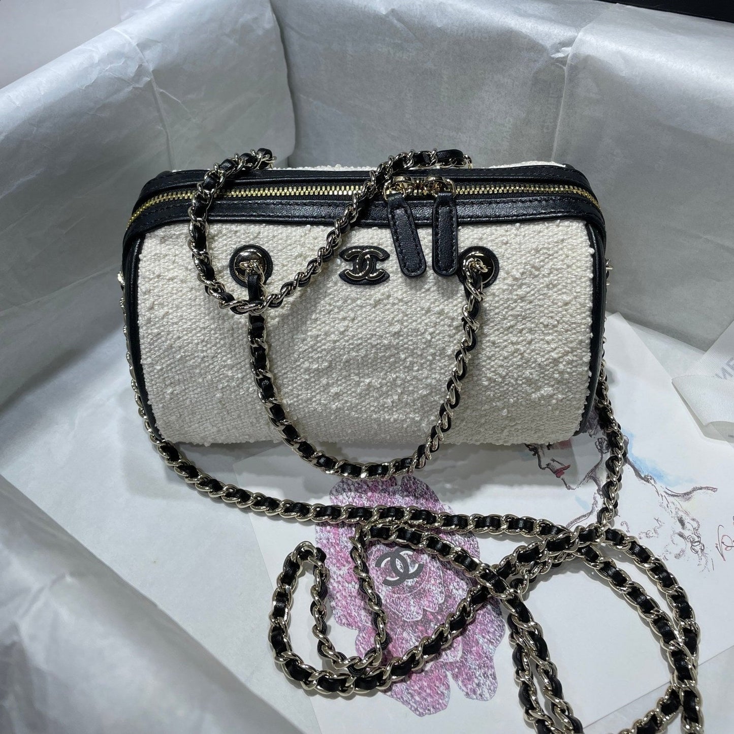 CC Bowling Bag Chain Strap 18.5cm Black White Lambskin & Canvas 292137
