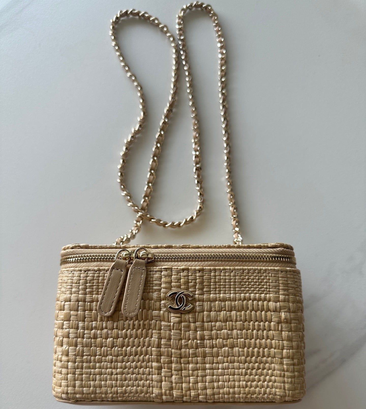 CC Vanity Clutch With Chain 18.5cm Beige Raffia & Lambskin 292226