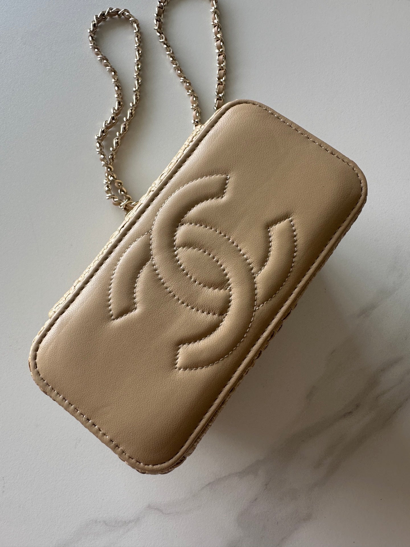 CC Vanity Clutch With Chain 18.5cm Beige Raffia & Lambskin 292226