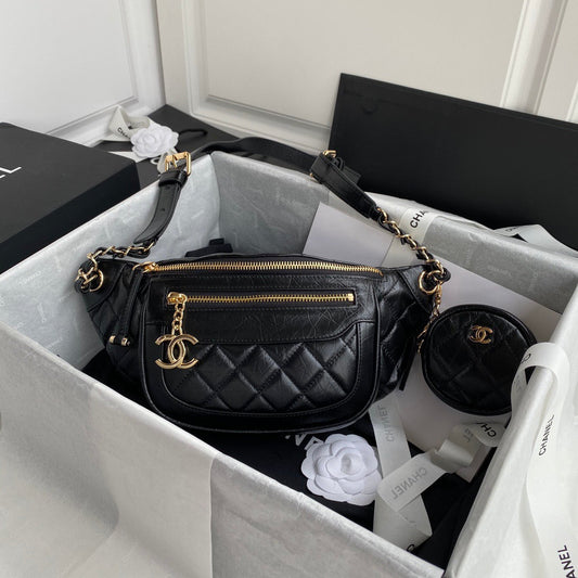 CC Front Zip Waist Bag Charm 34cm Black Lambskin