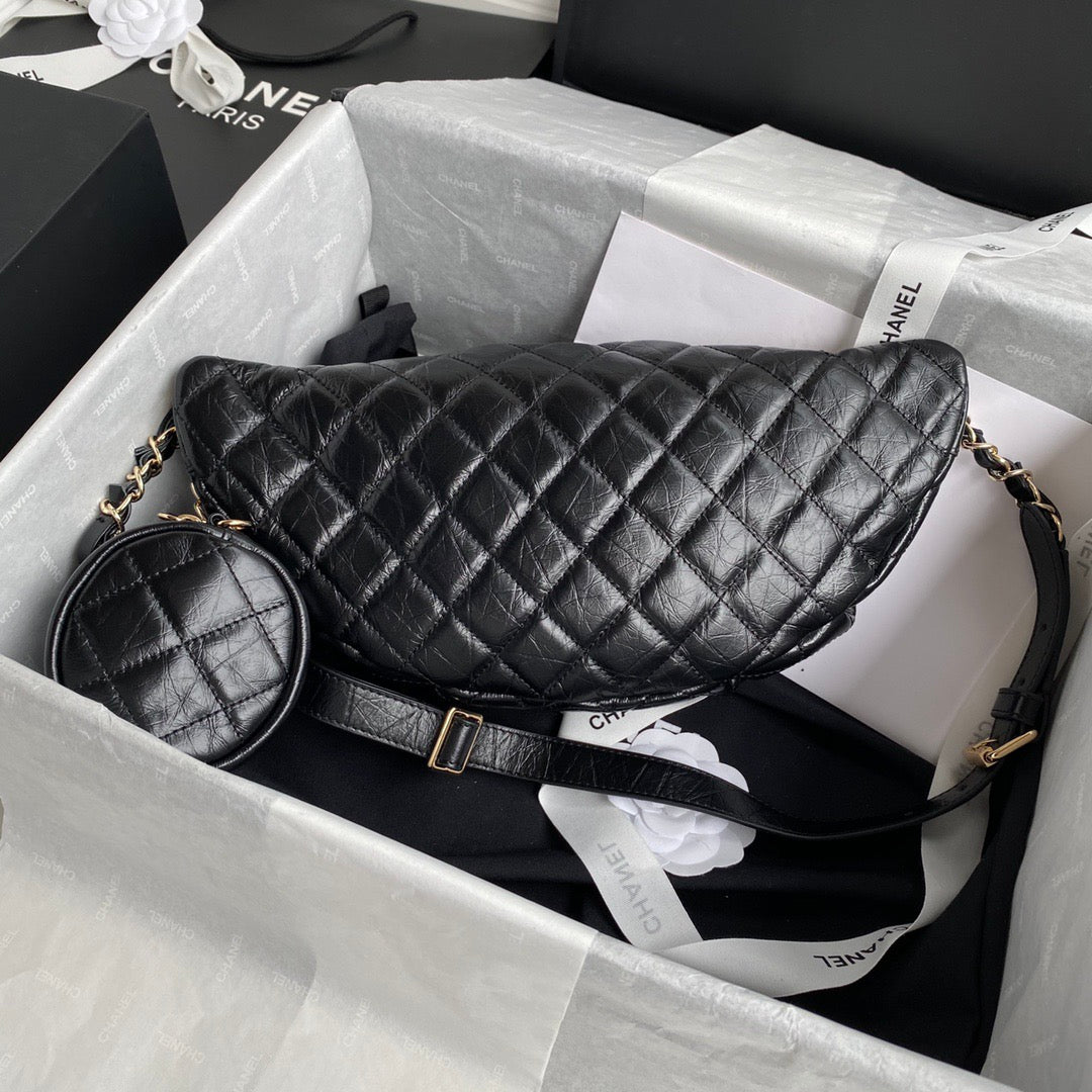 CC Front Zip Waist Bag Charm 34cm Black Lambskin