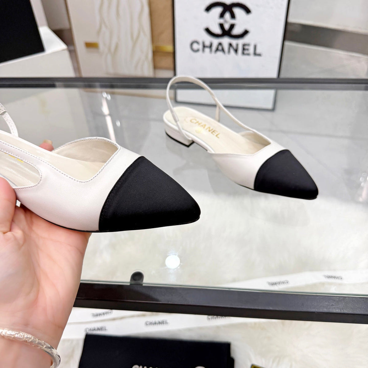 CC Slingback Flats White Cowhide Leather 873862