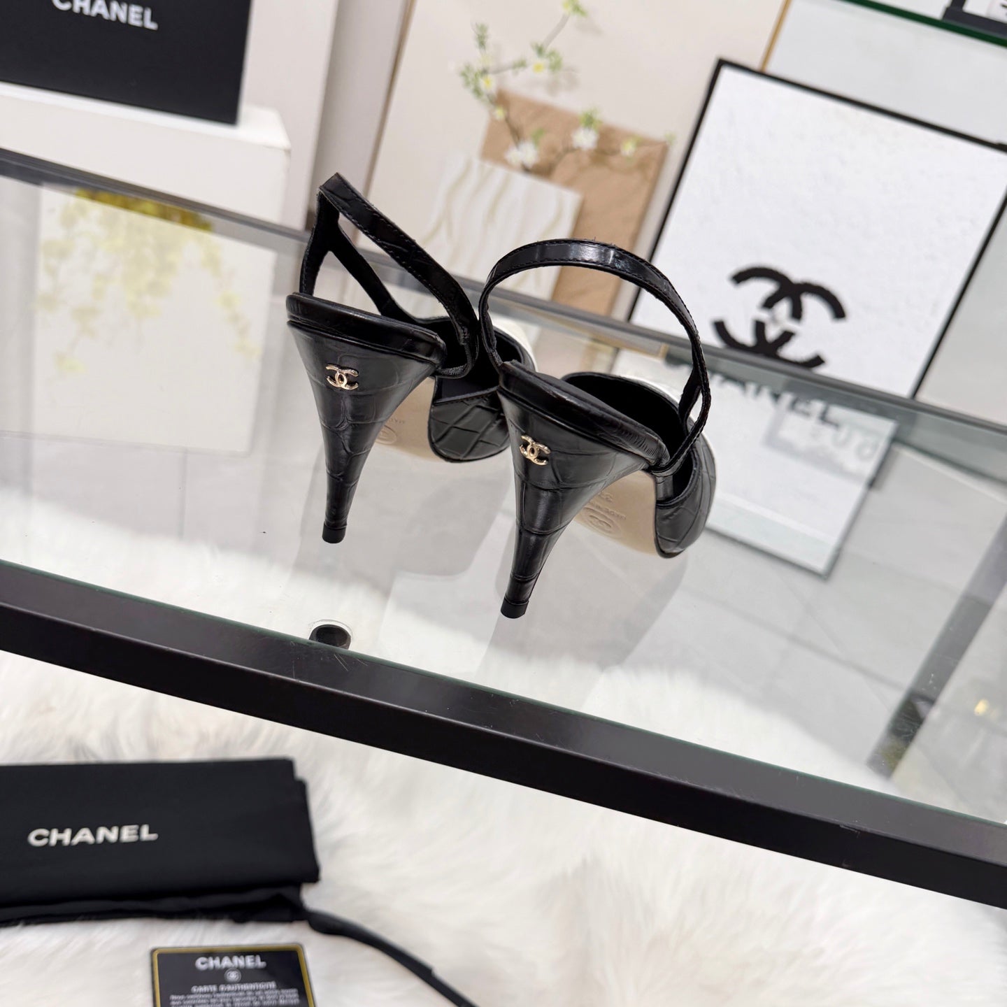CC Crocodile-Embossed Slingback Pumps Black Cowhide Leather 873844