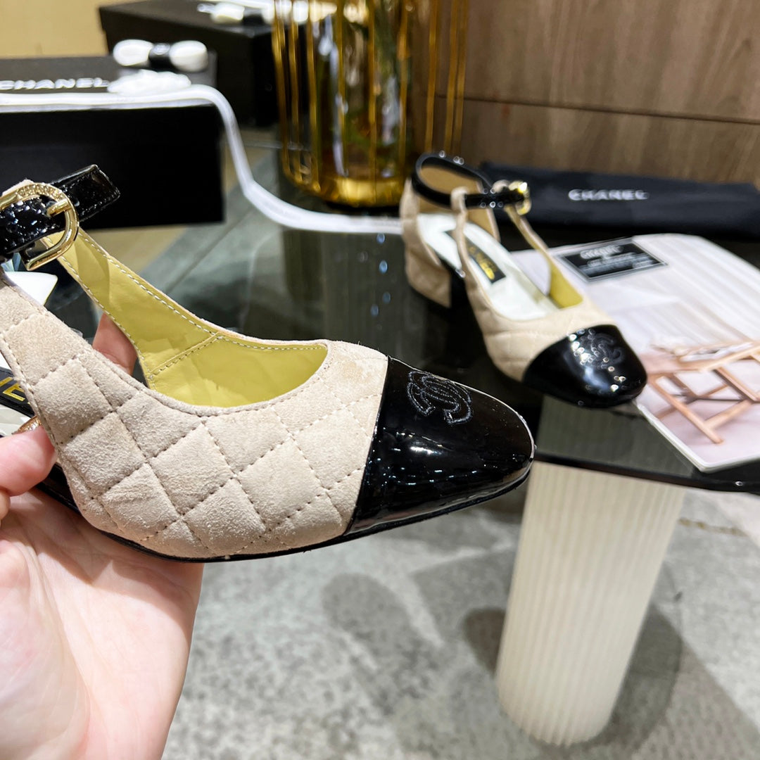 CC Square Toe Mary Jane Pumps Black Beige Suede Leather 875286