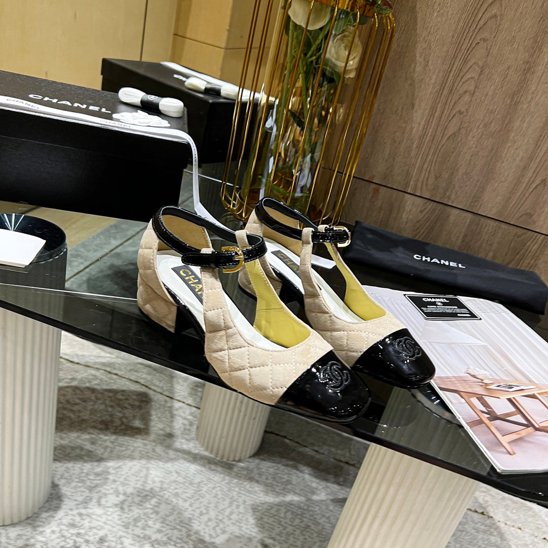 CC Square Toe Mary Jane Pumps Black Beige Suede Leather 875286