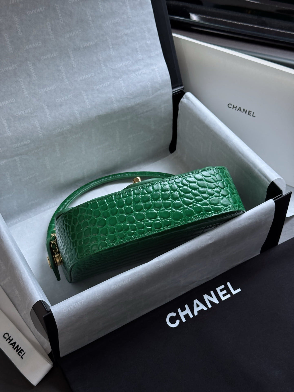 CC Mini Flap Bag with Top Handle Green Crocodile Embossed Calfskin