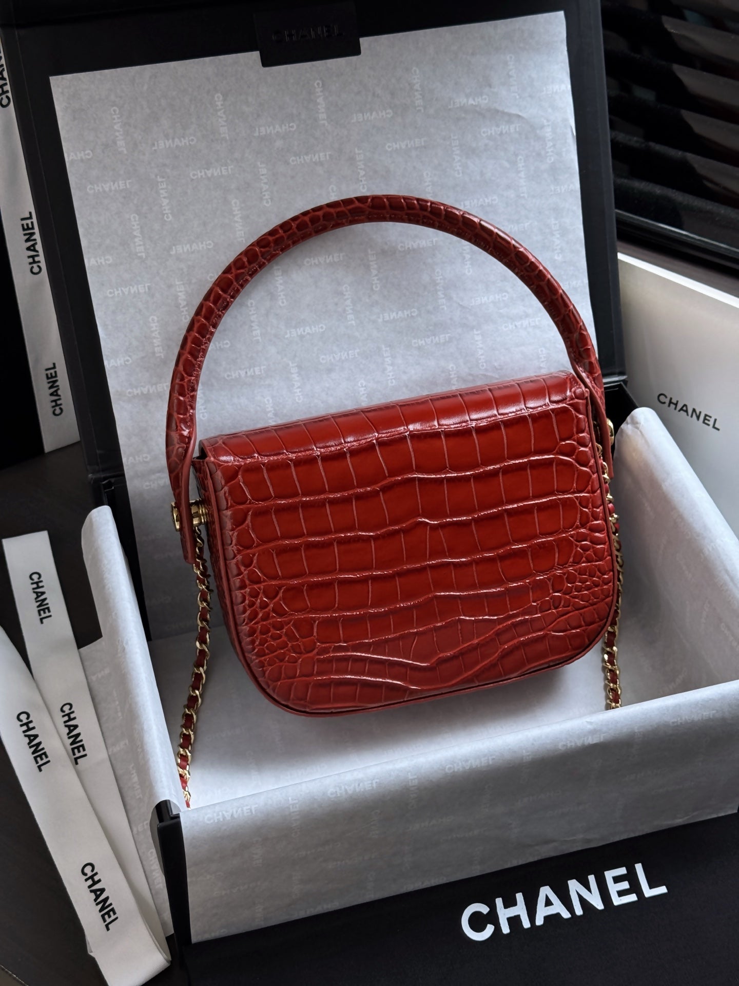 CC Mini Flap Bag with Top Handle Red Crocodile Embossed Calfskin