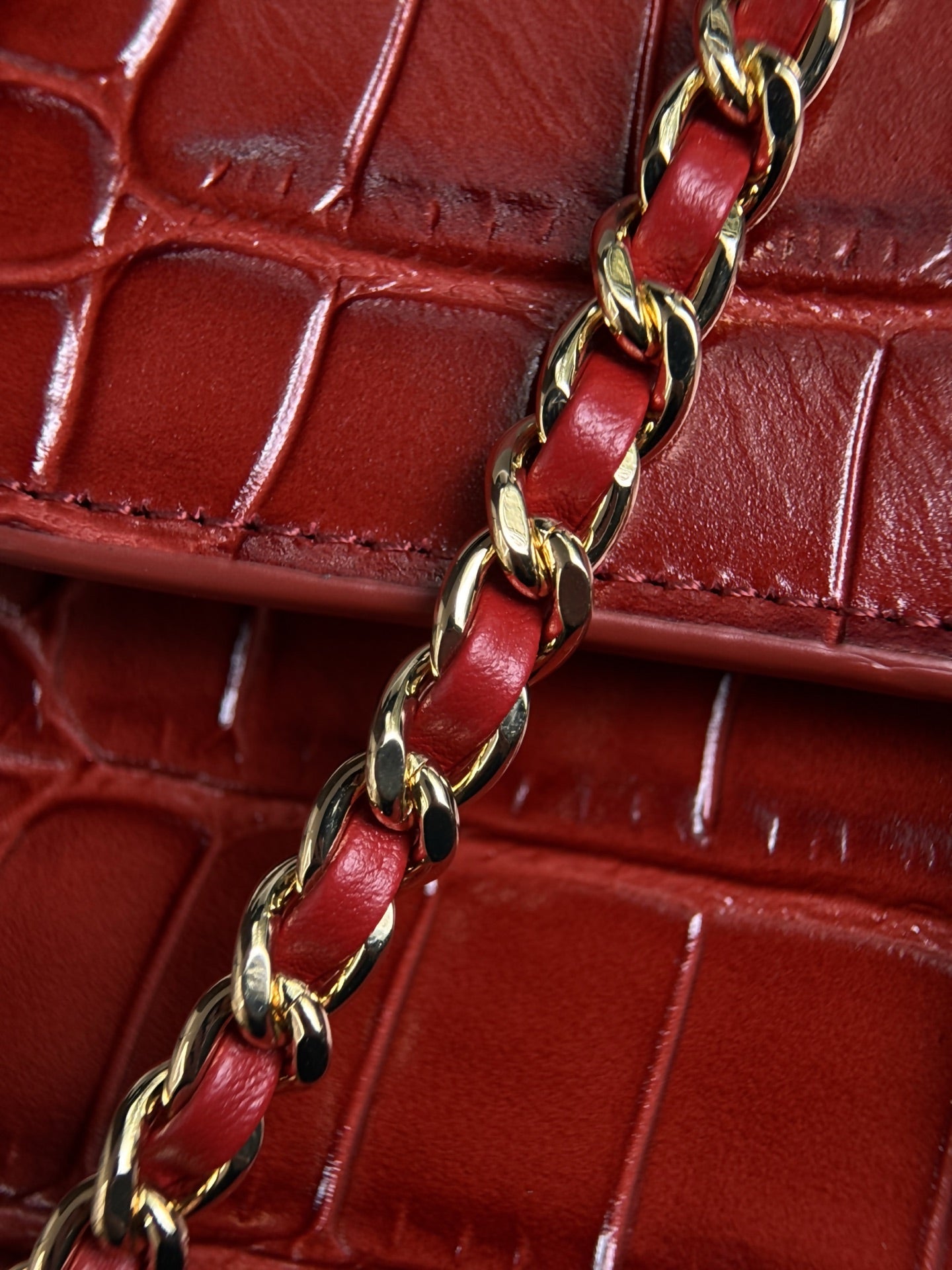 CC Mini Flap Bag with Top Handle Red Crocodile Embossed Calfskin