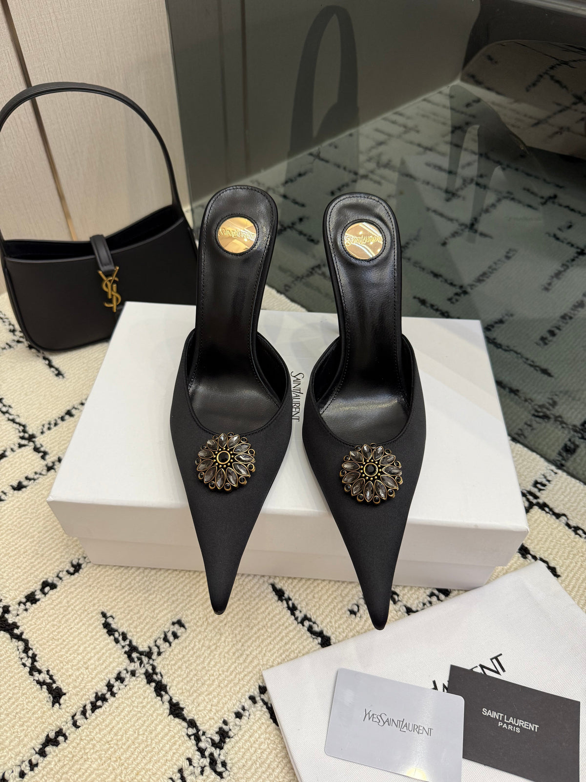 YSL Cosmo Crystal Mules 100mm Black Calfskin Leather 894619