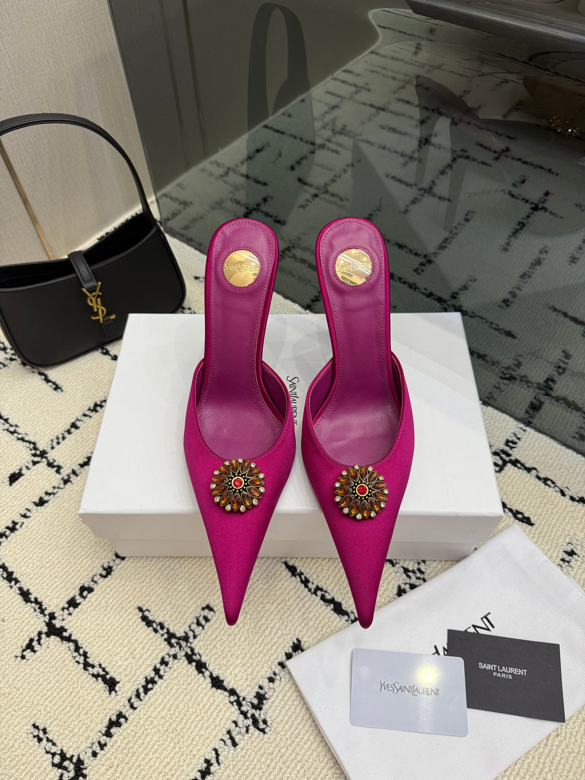 YSL Cosmo Crystal Mules 100mm Pink Calfskin Leather 894618