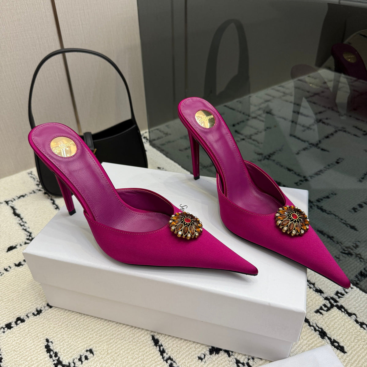 YSL Cosmo Crystal Mules 100mm Pink Calfskin Leather 894618