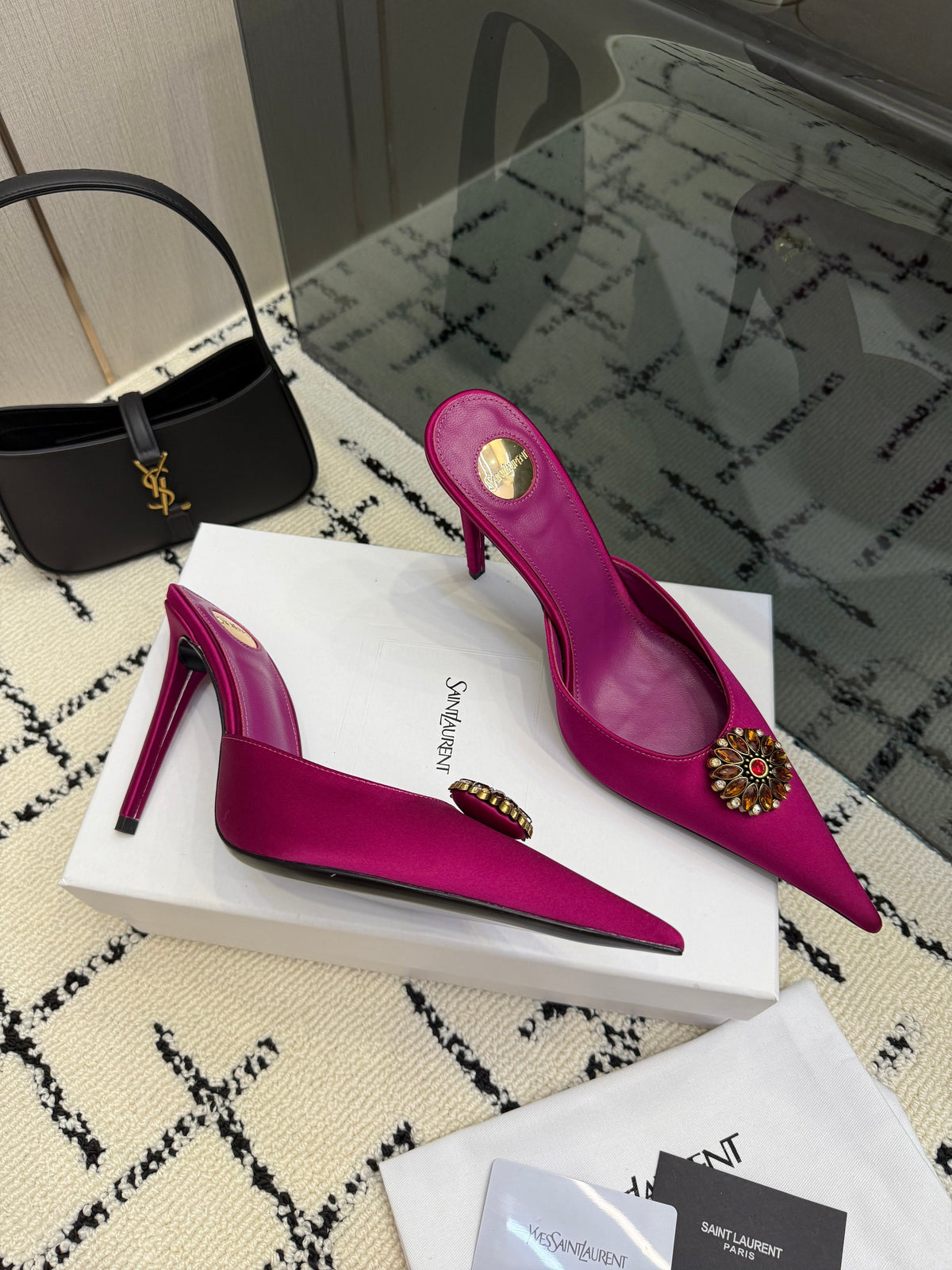 YSL Cosmo Crystal Mules 100mm Pink Calfskin Leather 894618