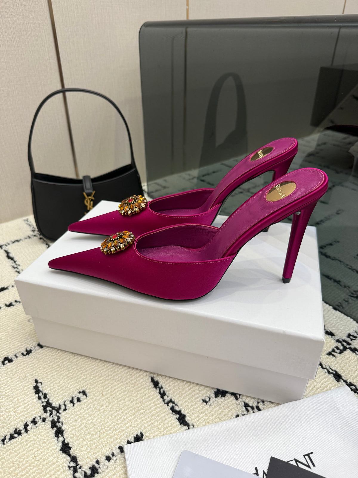 YSL Cosmo Crystal Mules 100mm Pink Calfskin Leather 894618