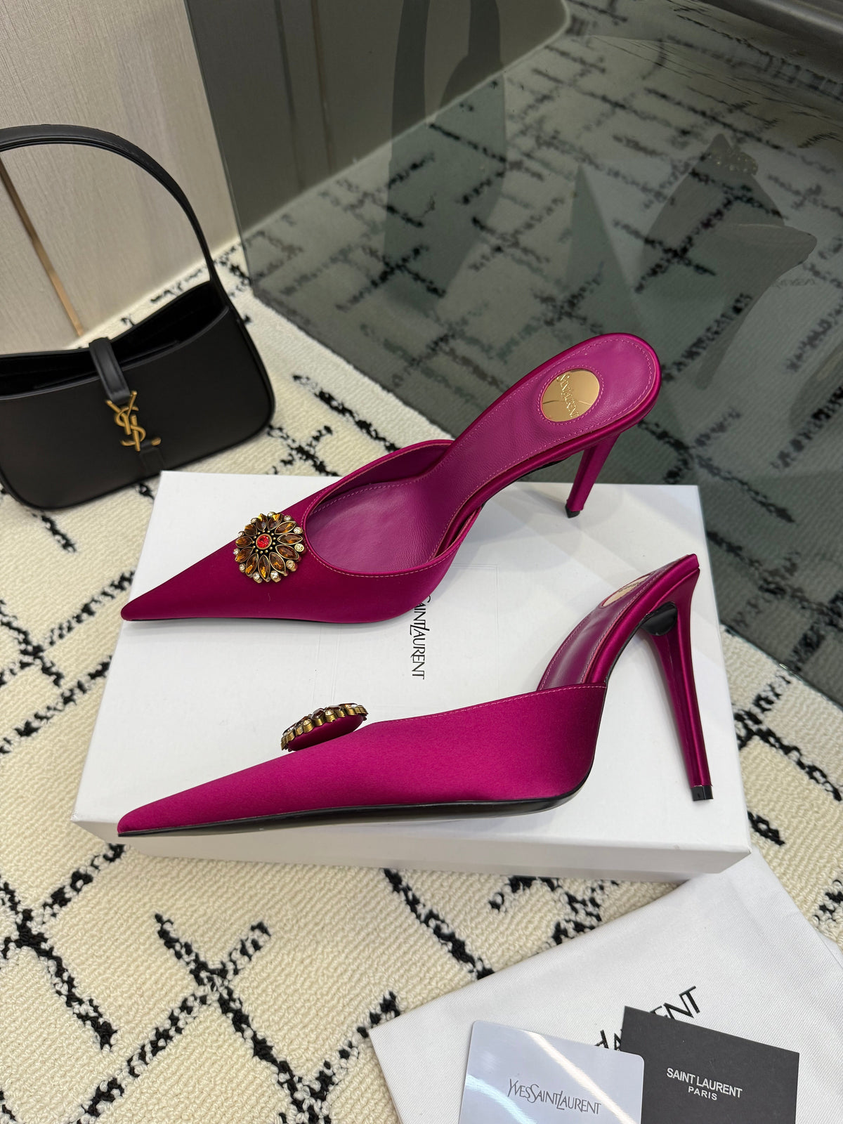 YSL Cosmo Crystal Mules 100mm Pink Calfskin Leather 894618