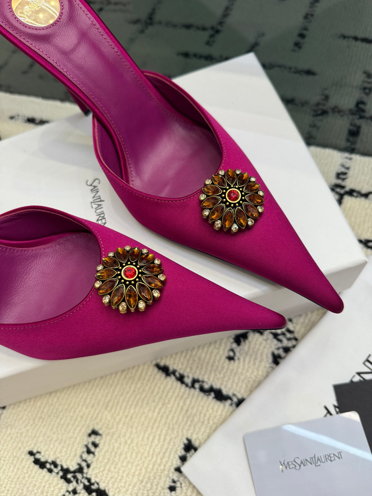 YSL Cosmo Crystal Mules 100mm Pink Calfskin Leather 894618